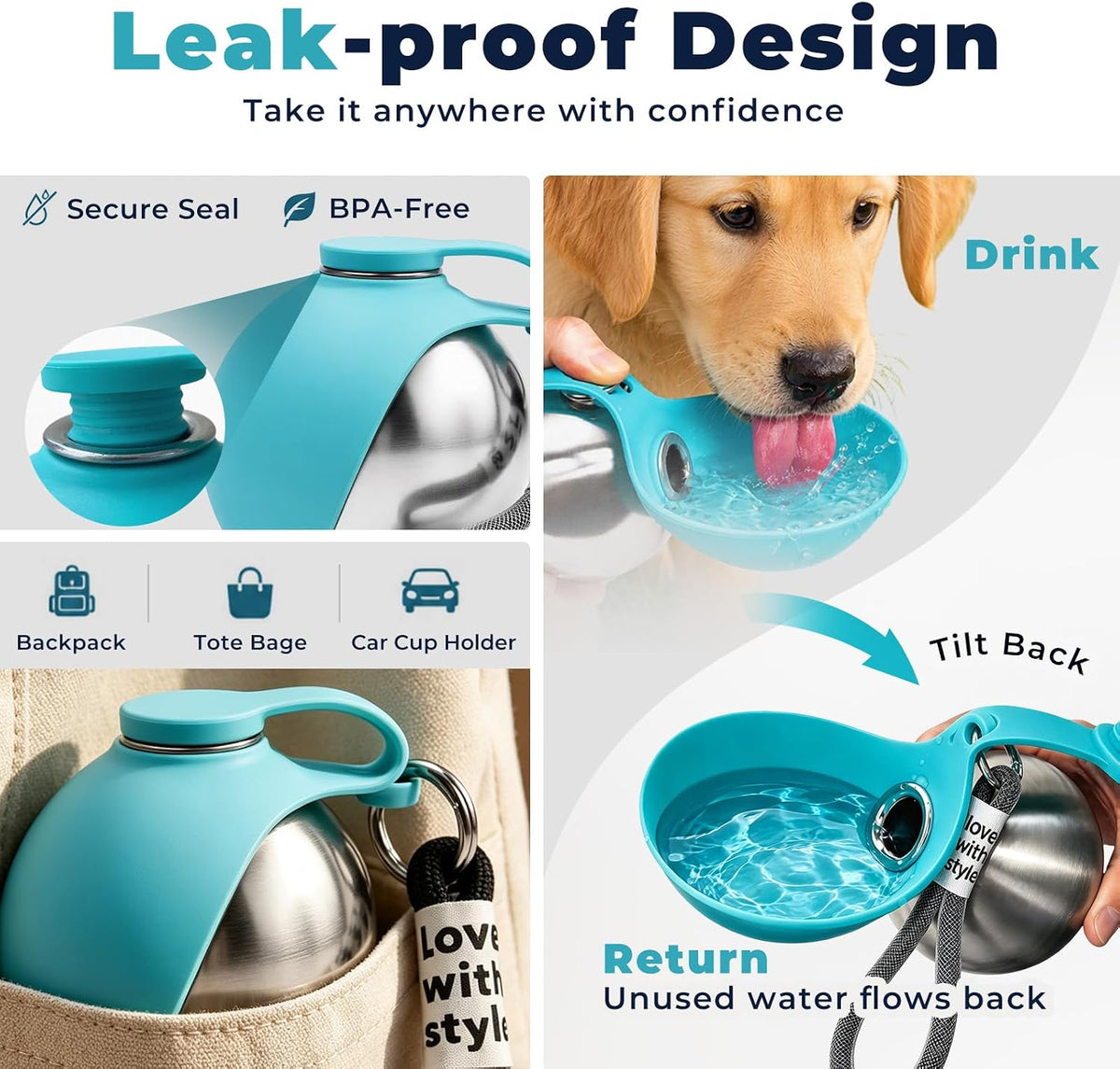 2 in 1 Portable Dog Water Bottle with Silicone Bowl, 10oz Stainless Steel