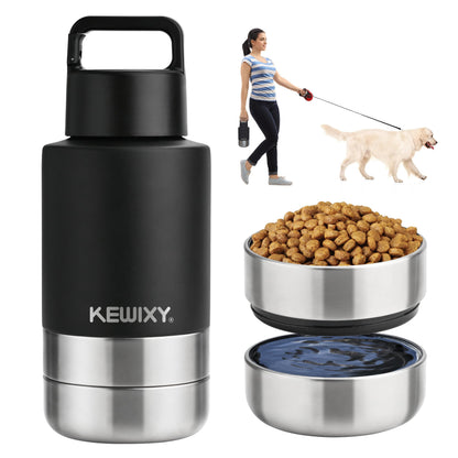 KEWIXY Insulated Dog Travel Water Bottle with Detachable Bowls, 3 in 1 Portable Dog Water Bottle Dispenser, Dog Accessories for Walking, Hiking, Camping, Outdoor (Navy Blue, 32 Oz)