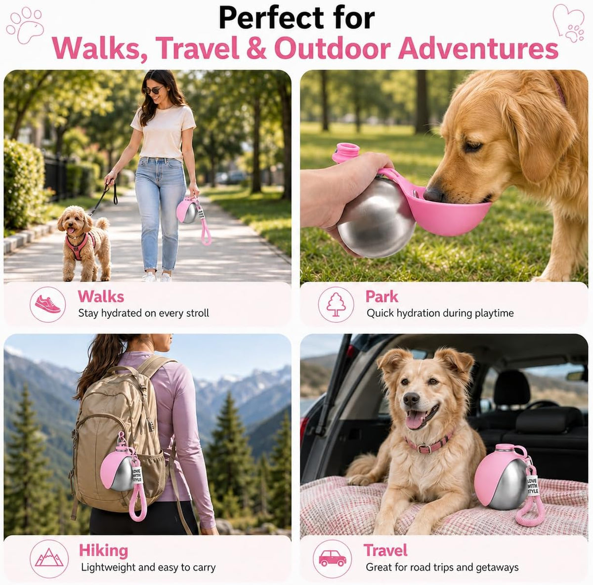 Portable Dog Water Bottle with Foldable Silicone Bowl, 10 oz Stainless Steel Dog Travel Water Dispenser, Compact Leak-Resistant Pet Water Bottle for Walks, Hiking, Camping (Pink)