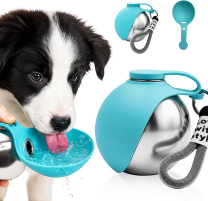 2 in 1 Portable Dog Water Bottle with Silicone Bowl, 10oz Stainless Steel