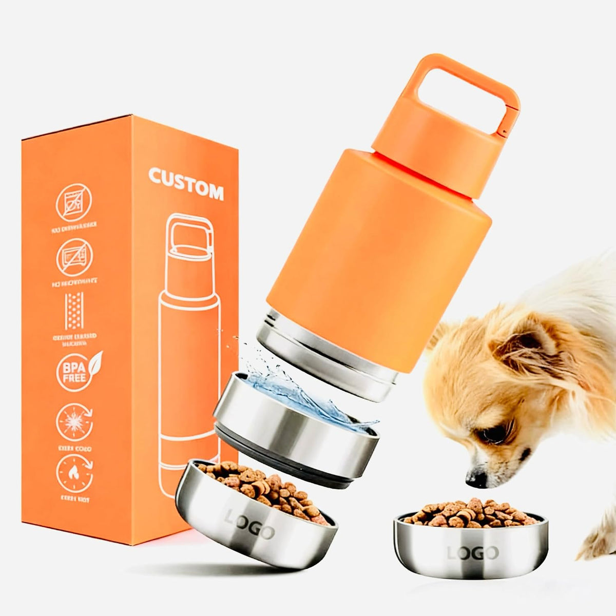 Insulated Water Bottle for Dog | Ideal Dog Mom Gifts | 34 oz Leakproof Travel Bottle | Convenient Travel Dog Bowls | Perfect for Hydration on the Go | 3 in 1 Portable Solution for Pet Owners (Orange)