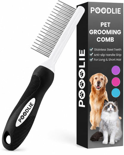 Poodle Pet Detangling Pet Comb with Long & Short Stainless Steel Teeth for Removing Matted Fur, Knots & Tangles – Detangler Tool Accessories for Safe & Gentle DIY Dog & Cat Grooming