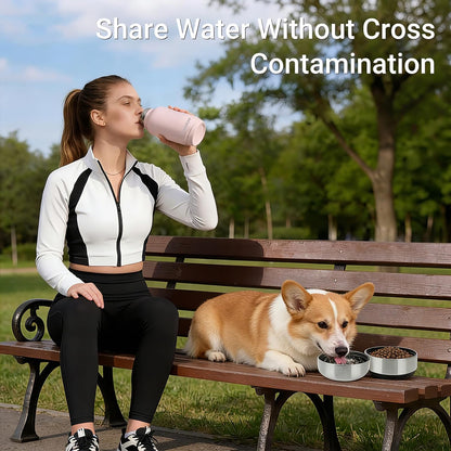 3-in-1 Dog Water Bottle Portable, 32oz Insulated Stainless Steel Pet Water Dispenser with 2 Detachable Travel Dog Bowls for Water & Food, Leak-Proof Puppy Water Bottle for Hiking, Walking (Pink)