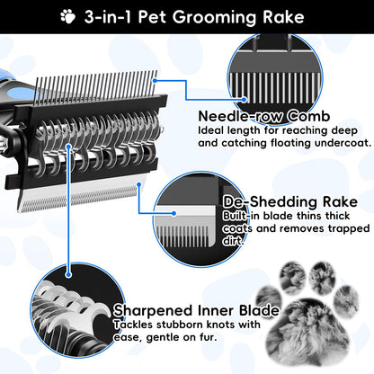 3-in-1 Professional Pet Grooming Brush for Dogs & Cats – Dematting Comb, Undercoat Rake & Deshedding Tool for Long & Short Hair, Heavy Shedding & Matted Fur (Blue)