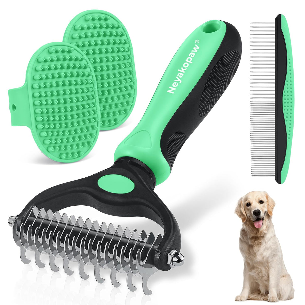 Dog Grooming Rake 4-in-1 Kit - Deshedding Undercoat Rake, Dematting Comb & Bath Massager for Dogs & Cats - Reduces Shedding up to 95% - Rounded Teeth for Sensitive Skin, Long & Short Hair