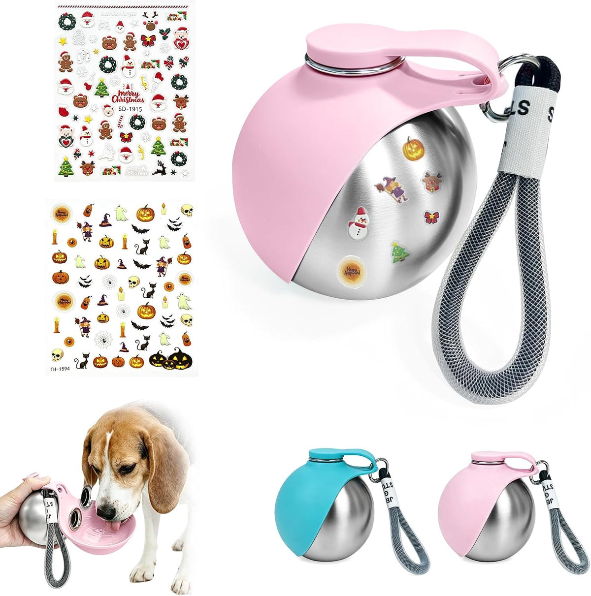 2 in 1 Portable Tumbler for Dogs,Portable Dog Water Ball（Pair with Halloween stickers DIY）,10Oz Stainless Steel Dog Water Bottle with Silicone Foldable Bowl,Portable Small Dog Water Bottle for Walking
