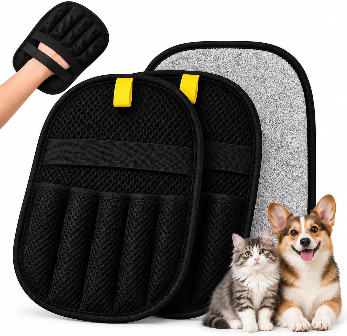 Pet Hair Remover Gloves (2 Pack) for Furniture & Clothes - Reusable Lint Cleaning Mitt for Dog & Cat Hair - Sofa, Car, Couch & Home - Easy to Use & Wash