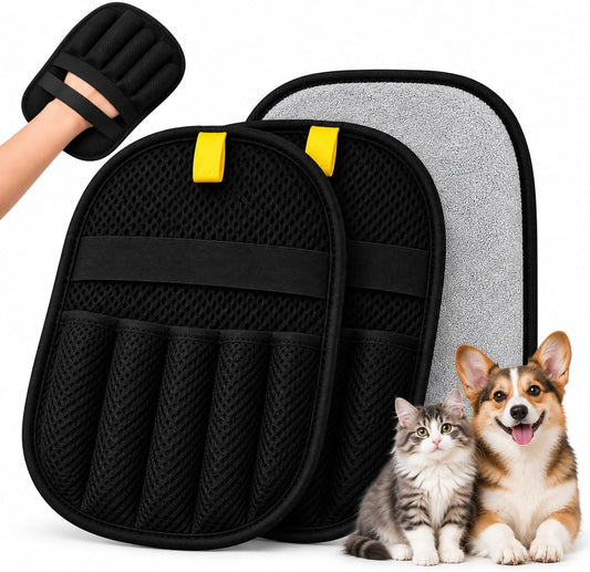 Pet Hair Remover Gloves (2 Pack) for Furniture & Clothes - Reusable Lint Cleaning Mitt for Dog & Cat Hair - Sofa, Car, Couch & Home - Easy to Use & Wash