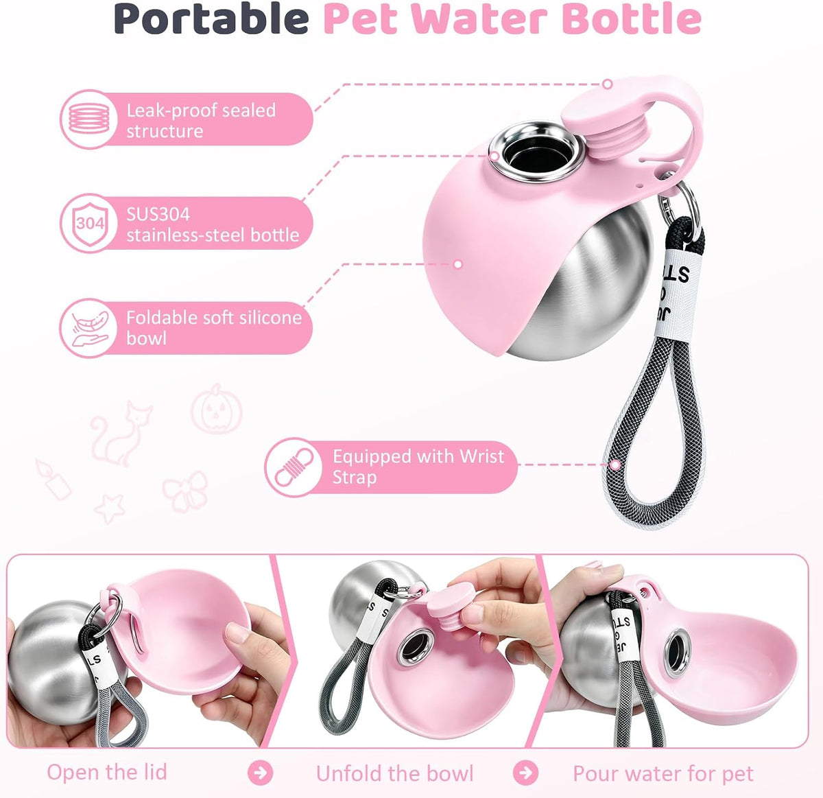2 in 1 Portable Tumbler for Dogs,Portable Dog Water Ball（Pair with Halloween stickers DIY）,10Oz Stainless Steel Dog Water Bottle with Silicone Foldable Bowl,Portable Small Dog Water Bottle for Walking