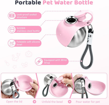 2 in 1 Portable Tumbler for Dogs,Portable Dog Water Ball（Pair with Halloween stickers DIY）,10Oz Stainless Steel Dog Water Bottle with Silicone Foldable Bowl,Portable Small Dog Water Bottle for Walking