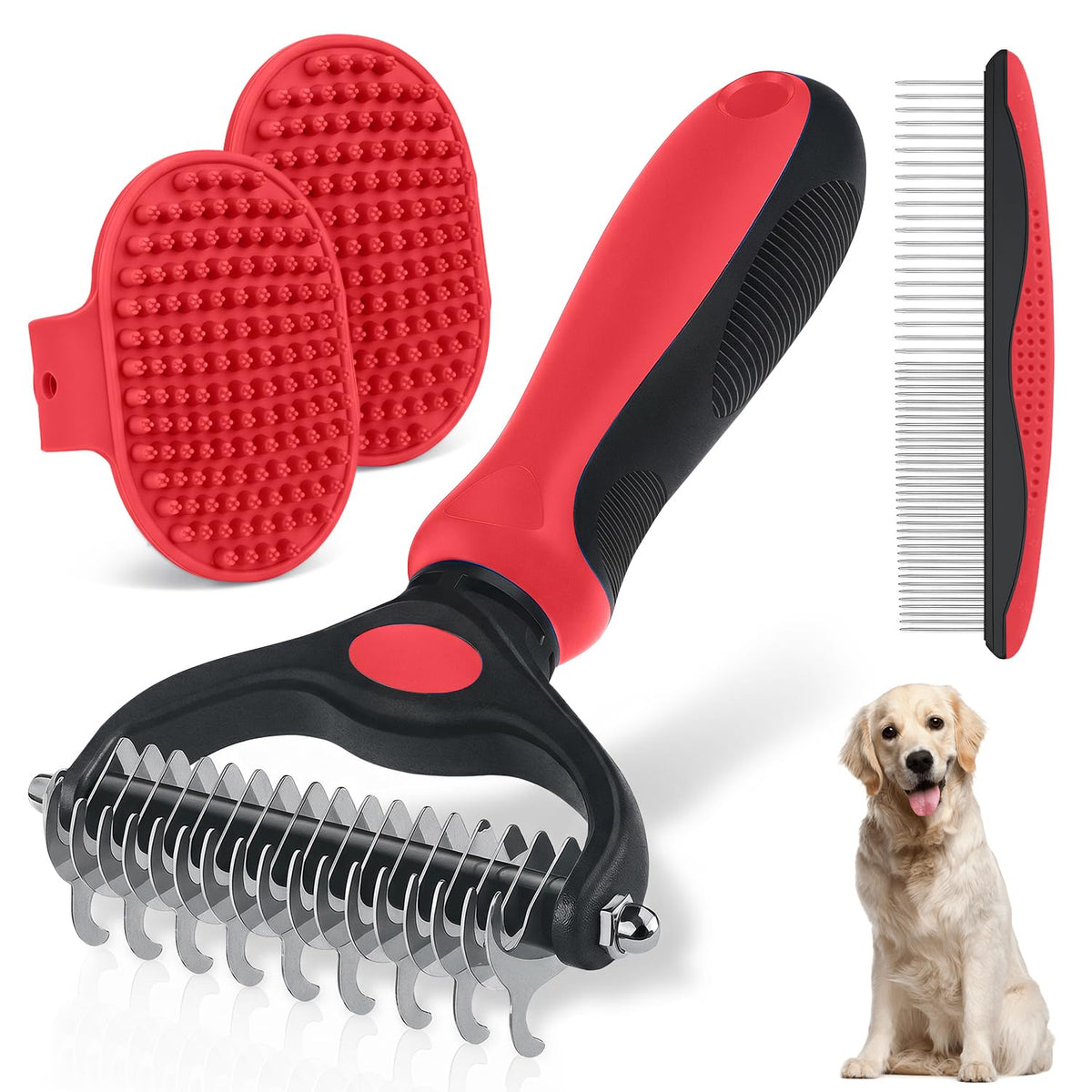 Dog Grooming Rake 4-in-1 Kit - Deshedding Undercoat Rake, Dematting Comb & Bath Massager for Dogs & Cats - Reduces Shedding up to 95% - Rounded Teeth for Sensitive Skin, Long & Short Hair