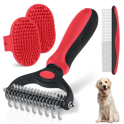 Dog Grooming Rake 4-in-1 Kit - Deshedding Undercoat Rake, Dematting Comb & Bath Massager for Dogs & Cats - Reduces Shedding up to 95% - Rounded Teeth for Sensitive Skin, Long & Short Hair