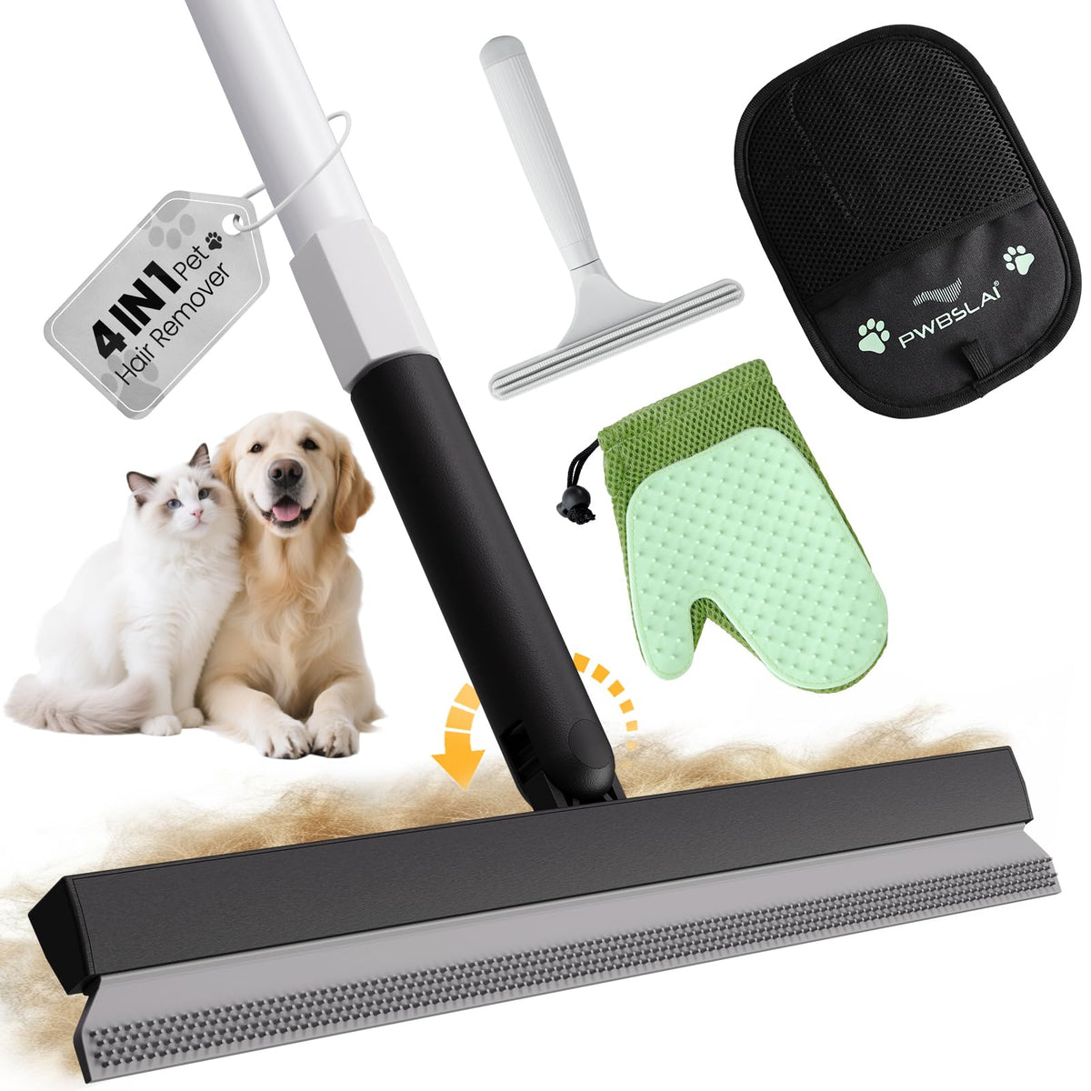 Carpet Rake for Pet Hair Removal Tool - 4 in 1 Pet Hair Remover Kit for Dog Cat Fur Remover, Contain 60" Adjustable Rubber Broom, Glove, Magic Brush and Scraper for Furniture,Short Pile Carpets, Mats