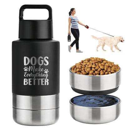 KEWIXY Insulated Dog Travel Water Bottle with Detachable Bowls, 3 in 1 Portable Dog Water Bottle Dispenser, Dog Accessories for Walking, Hiking, Camping, Outdoor (Navy Blue, 32 Oz)