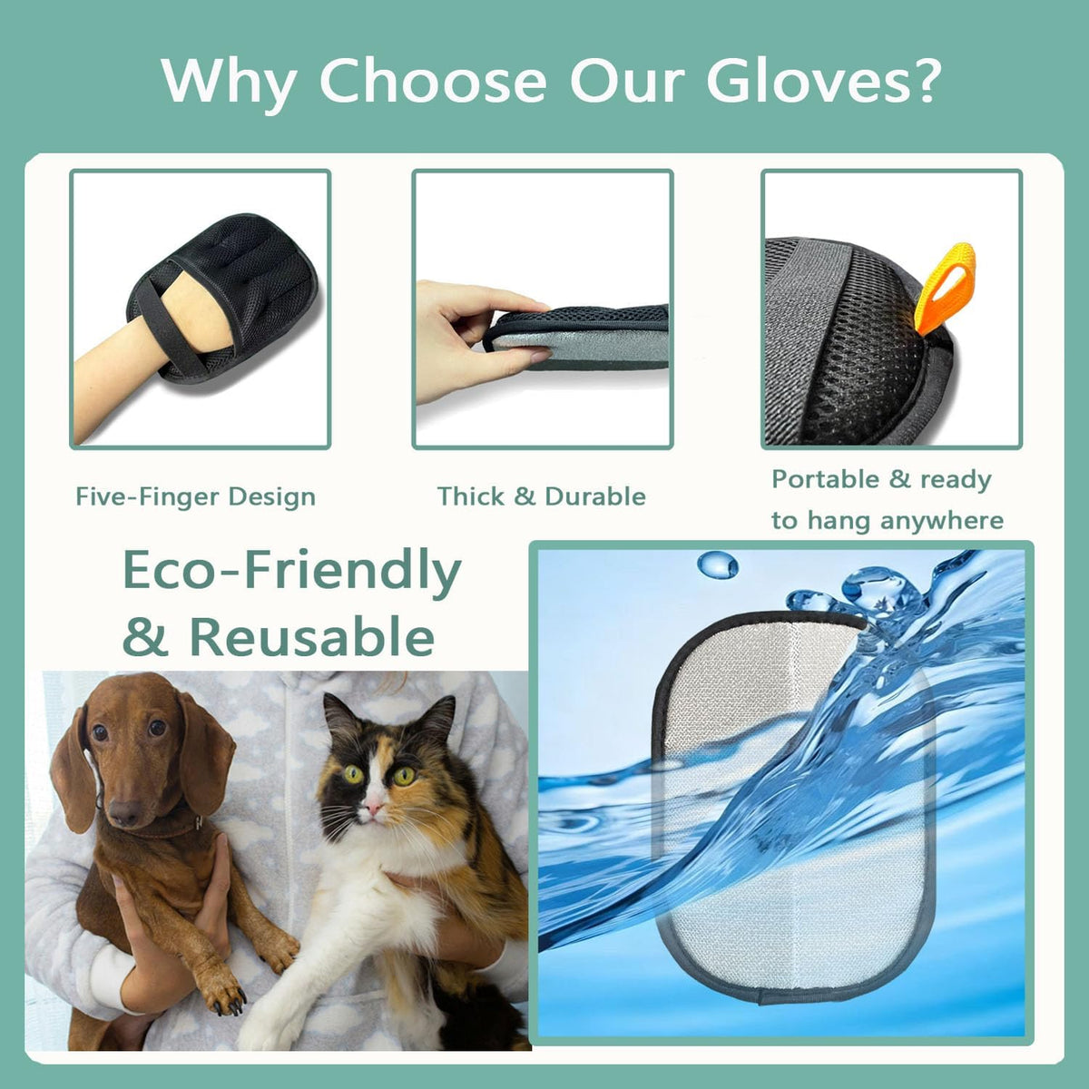 2-Pack Reusable Electrostatic Pet Hair Remover Gloves for Furniture, Carpets, Car Interiors & Auto Upholstery.