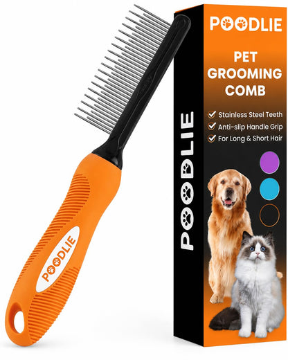 Poodle Pet Detangling Pet Comb with Long & Short Stainless Steel Teeth for Removing Matted Fur, Knots & Tangles – Detangler Tool Accessories for Safe & Gentle DIY Dog & Cat Grooming