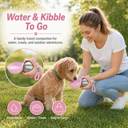 Portable Dog Water Bottle with Foldable Silicone Bowl, 10 oz Stainless Steel Dog Travel Water Dispenser, Compact Leak-Resistant Pet Water Bottle for Walks, Hiking, Camping (Pink)