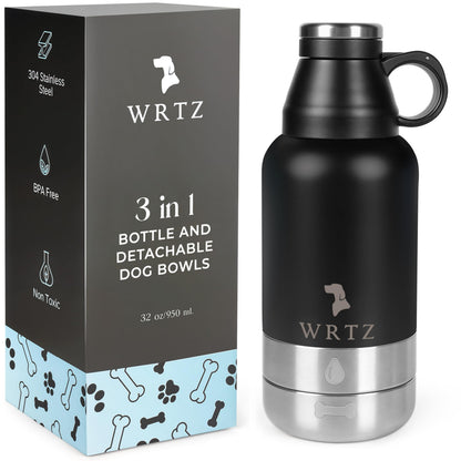 Portable Dog Water Bottle with 2 Removable Water Bowls for Dogs – Leak-Proof Insulated Stainless Steel Dog Water Bottle - Travel Accessories for Dogs - 32oz - Teal