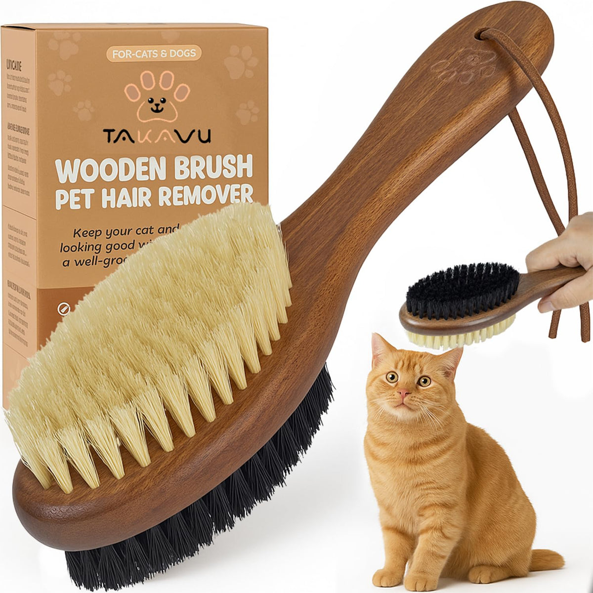 TAKAVU Soft Cat Brush, Natural Boar Bristle for Indoor Kittens
