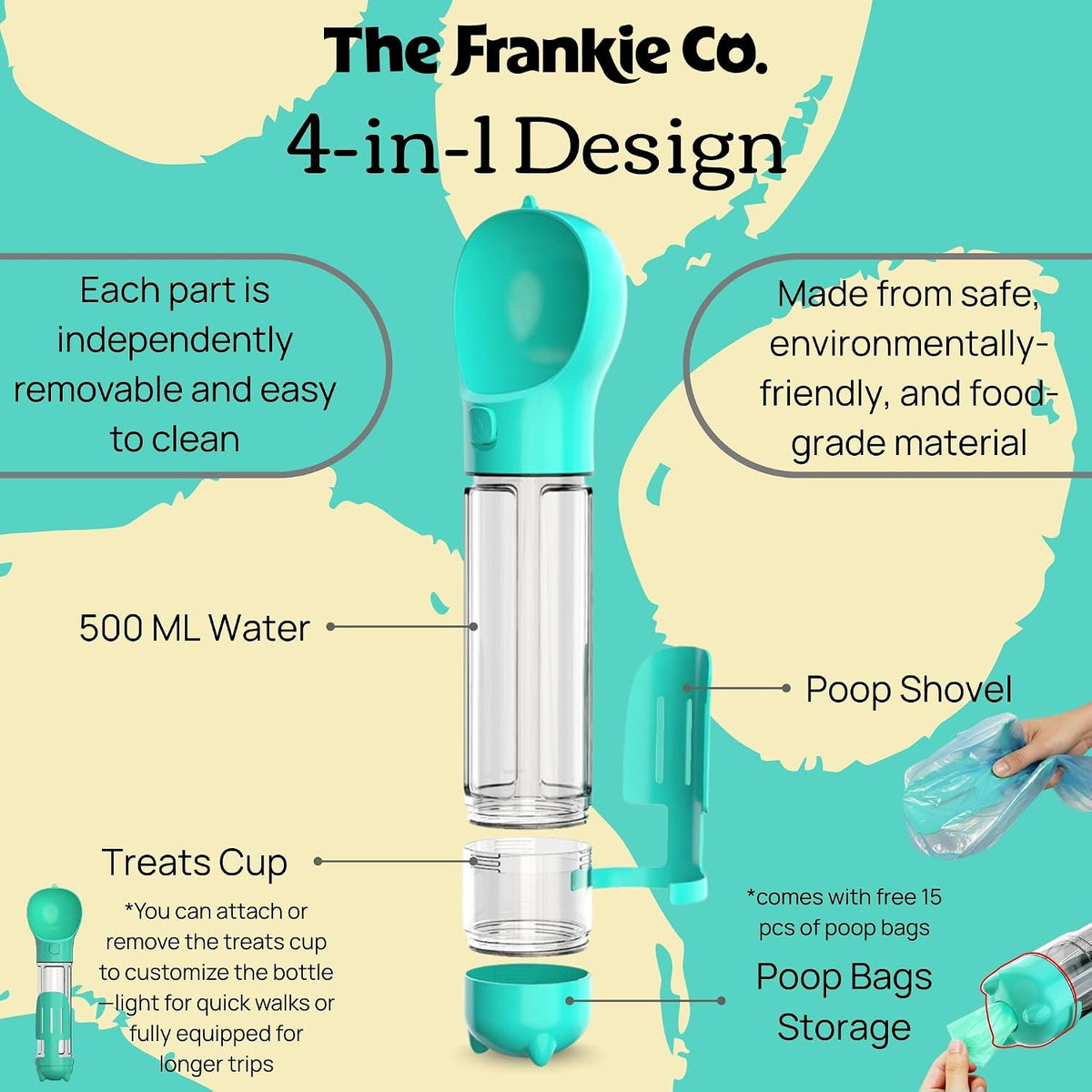 4 in 1 Dog Water Bottle Portable, Leakproof Travel Pet Water Bottle 17oz