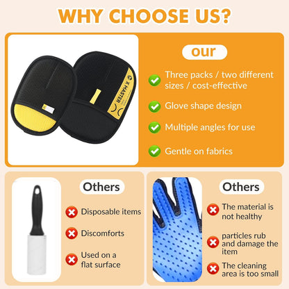 Wortade 3pcs Pet Hair Removal Glove for Dog & Cat, Electrostatic Reusable
