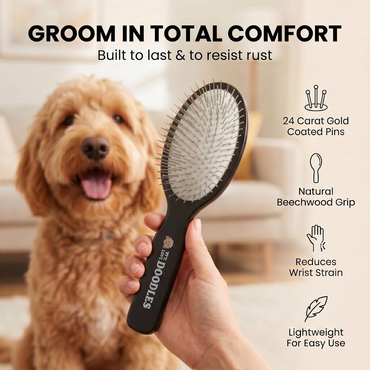 Pin Brush for Dogs, Removes Loose Fur, Lightweight Beech Wood, Silver