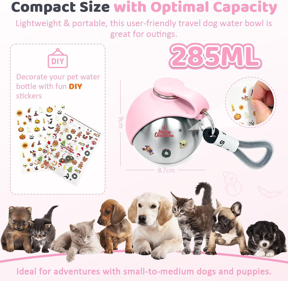 2 in 1 Portable Tumbler for Dogs,Portable Dog Water Ball（Pair with Halloween stickers DIY）,10Oz Stainless Steel Dog Water Bottle with Silicone Foldable Bowl,Portable Small Dog Water Bottle for Walking