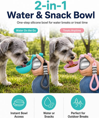 2 Pack Portable Dog Water Bottle with Bowl, 2 in 1 10oz Stainless Steel Travel Water Bottle for Dogs, Foldable Silicone Bowl, Leak-Proof Water Dispenser for Walking Hiking