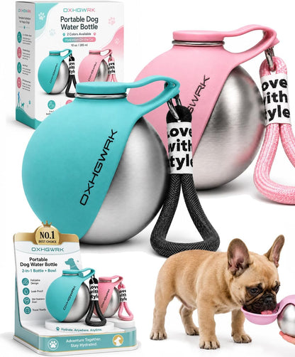 2 Pack Portable Dog Water Bottle with Bowl, 2 in 1 10oz Stainless Steel Travel Water Bottle for Dogs, Foldable Silicone Bowl, Leak-Proof Water Dispenser for Walking Hiking