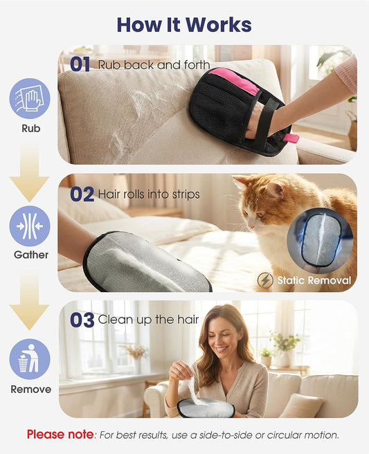 Rivalran Pet Hair Remover Glove for Dog & Cat, Reusable Electrostatic Magic Brush, Five-Finger Hair Removal Mitt for Cleaning Clothing, Bed, Couch, Carpet, and Car Seat Pink