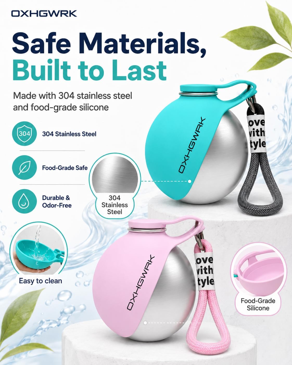 2 Pack Portable Dog Water Bottle with Bowl, 2 in 1 10oz Stainless Steel Travel Water Bottle for Dogs, Foldable Silicone Bowl, Leak-Proof Water Dispenser for Walking Hiking