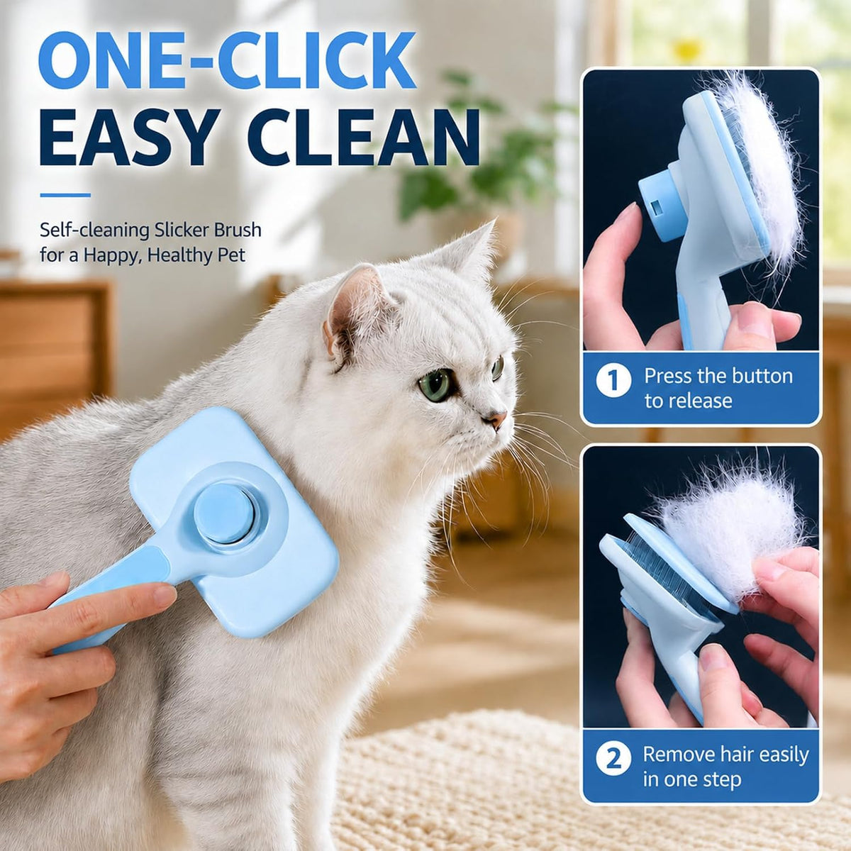 Self-Cleaning Cat Brush for Shedding and Pet Hair Remover Set, Blue