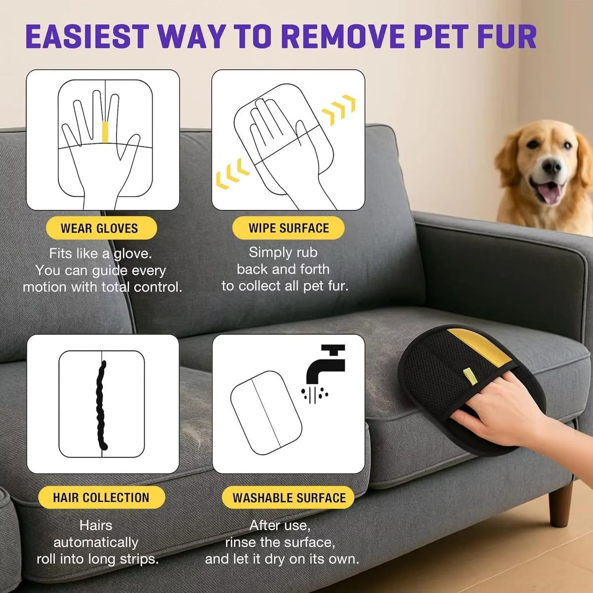 JOORY Upgraded Pet Hair Removal Glove with Static Technology, 8.5-Inch Wide Coverage, Dual Directional Brushes, Washable Black Grooming Mitt for Dogs and Cats.