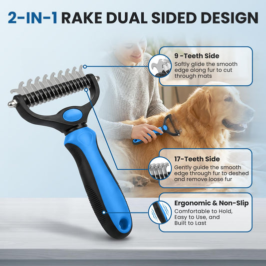 Dog Grooming Rake 4-in-1 Kit - Deshedding Undercoat Rake, Dematting Comb & Bath Massager for Dogs & Cats - Reduces Shedding up to 95% - Rounded Teeth for Sensitive Skin, Long & Short Hair