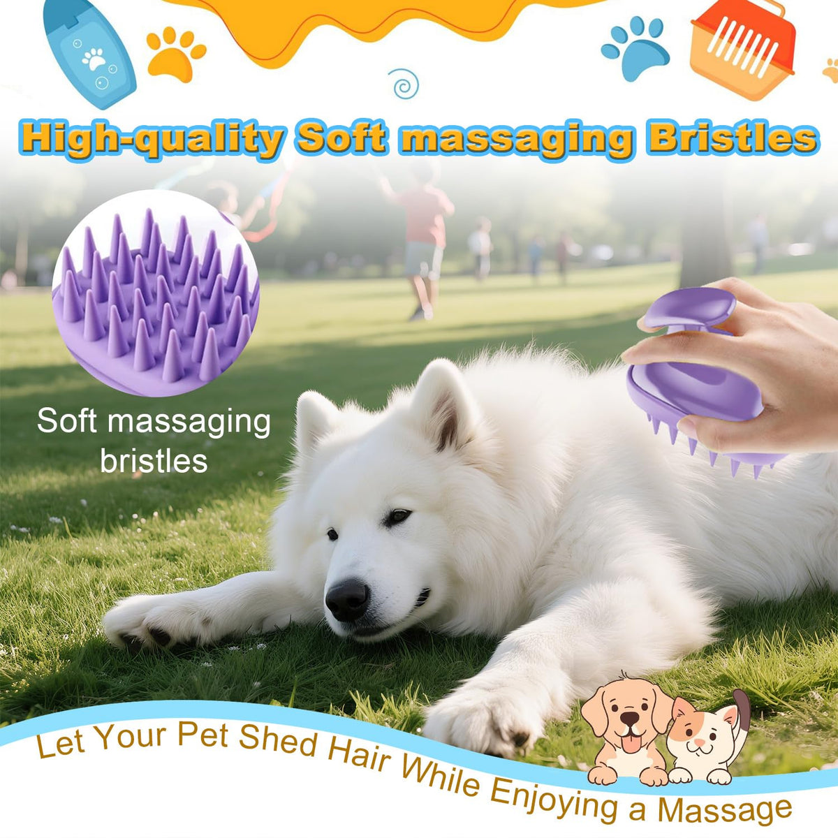 2-in-1 Dog Bath Brush for Grooming & Massage - Pet Silicone Brush for Long & Short Haired Dogs and Cats, Dog Scrubber for Bath, Rubber Curry Brush, Use Wet as Bath Brush or Dry for Grooming-Purple