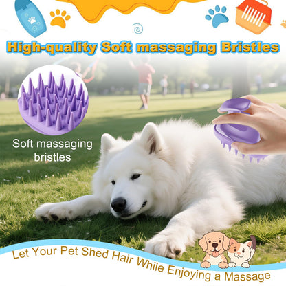 2-in-1 Dog Bath Brush for Grooming & Massage - Pet Silicone Brush for Long & Short Haired Dogs and Cats, Dog Scrubber for Bath, Rubber Curry Brush, Use Wet as Bath Brush or Dry for Grooming-Purple
