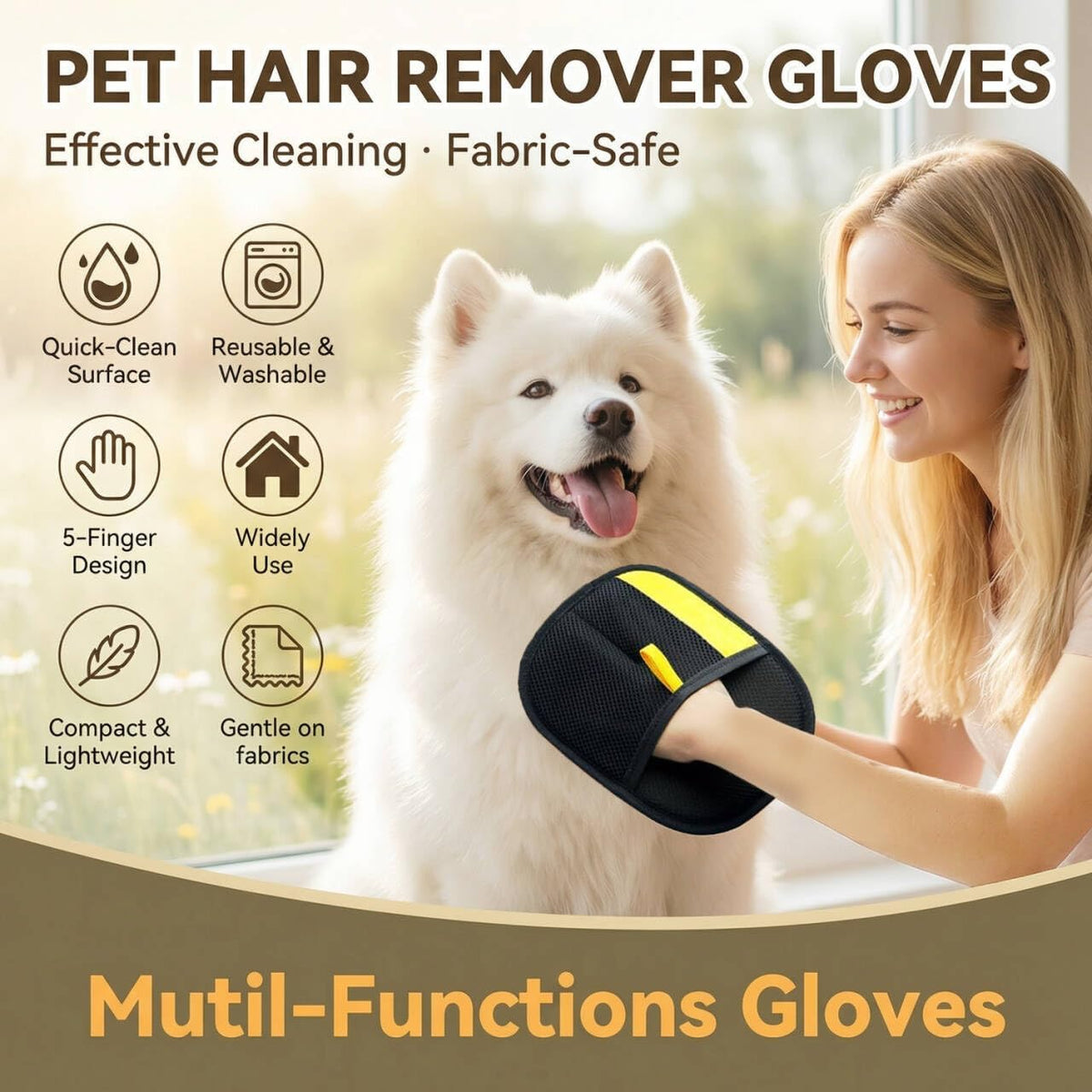 Electrostatic Pet Hair Removal Gloves for Cats & Dogs–Upgraded Reusable Magic Brush Tool for Quick Wiping on Couch,Carpet,Laundry,Car Seat & Pet Beds(3PC,Yellow)