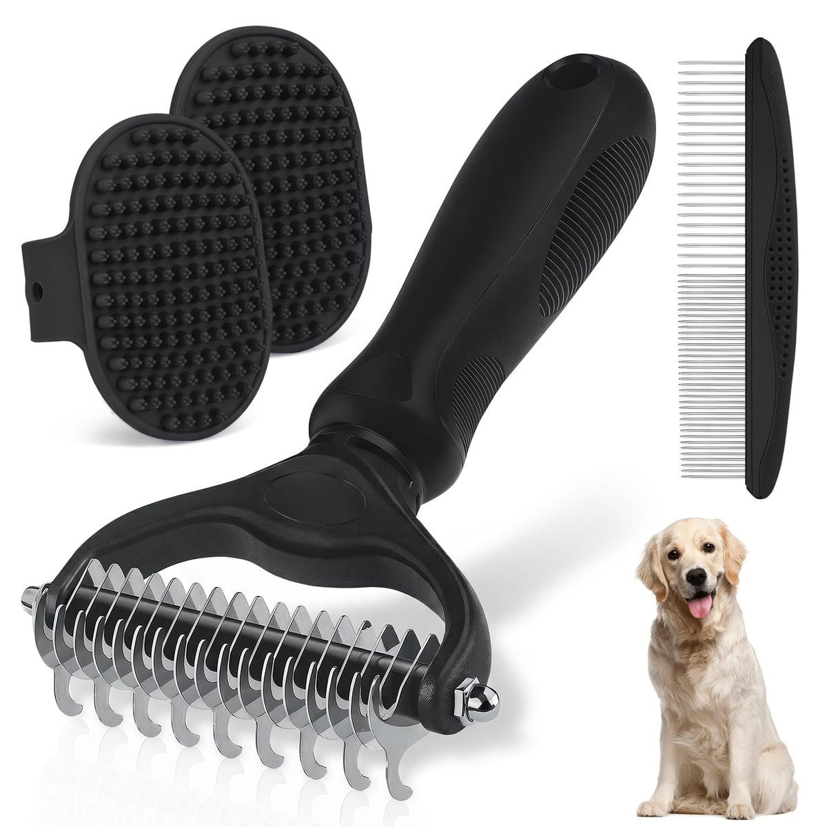 Dog Grooming Rake 4-in-1 Kit - Deshedding Undercoat Rake, Dematting Comb & Bath Massager for Dogs & Cats - Reduces Shedding up to 95% - Rounded Teeth for Sensitive Skin, Long & Short Hair