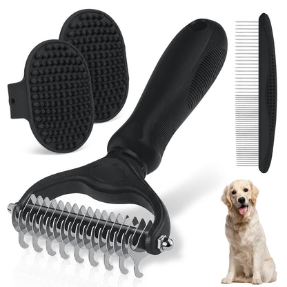 Dog Grooming Rake 4-in-1 Kit - Deshedding Undercoat Rake, Dematting Comb & Bath Massager for Dogs & Cats - Reduces Shedding up to 95% - Rounded Teeth for Sensitive Skin, Long & Short Hair