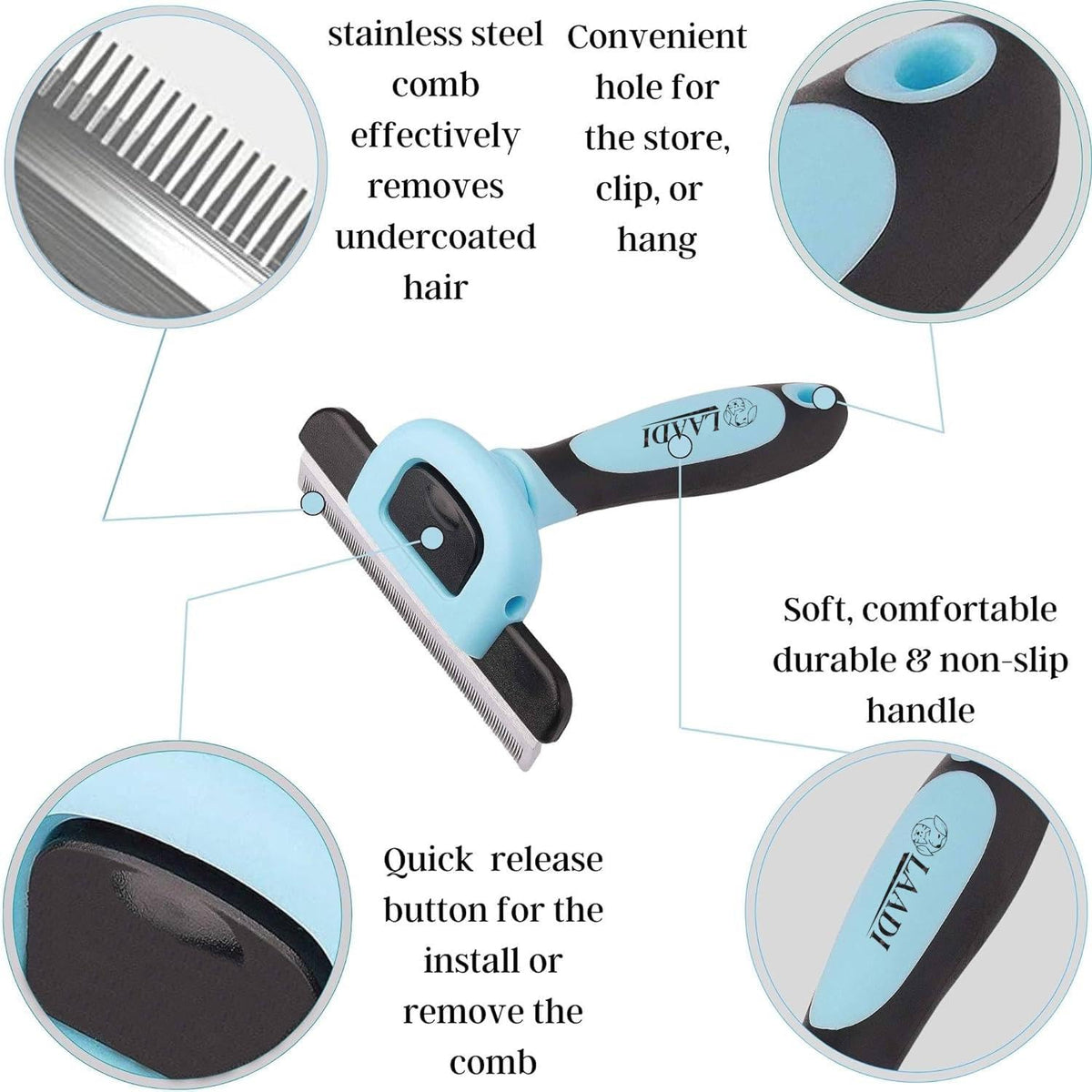 LAADI Deshedding Tool for Dogs and Cats - Reduces Shedding by Up to 95% in Less Than 10 Minutes - Professional Grooming Brush for All Hair Types - Ergonomic Design and Skin Massage Needles - Blue