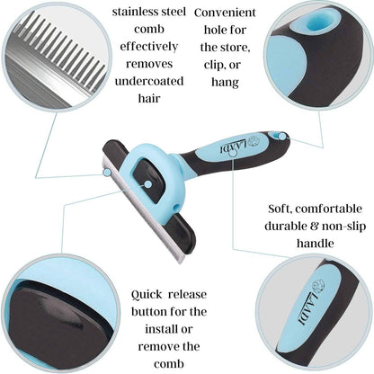 LAADI Deshedding Tool for Dogs and Cats - Reduces Shedding by Up to 95% in Less Than 10 Minutes - Professional Grooming Brush for All Hair Types - Ergonomic Design and Skin Massage Needles - Blue
