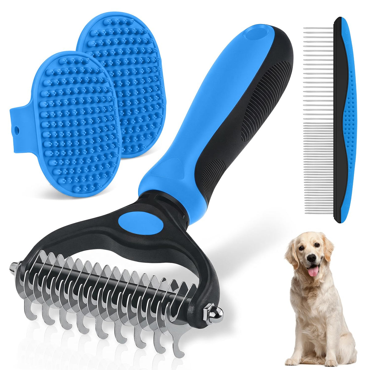 Dog Grooming Rake 4-in-1 Kit - Deshedding Undercoat Rake, Dematting Comb & Bath Massager for Dogs & Cats - Reduces Shedding up to 95% - Rounded Teeth for Sensitive Skin, Long & Short Hair