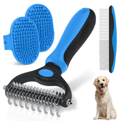 Dog Grooming Rake 4-in-1 Kit - Deshedding Undercoat Rake, Dematting Comb & Bath Massager for Dogs & Cats - Reduces Shedding up to 95% - Rounded Teeth for Sensitive Skin, Long & Short Hair