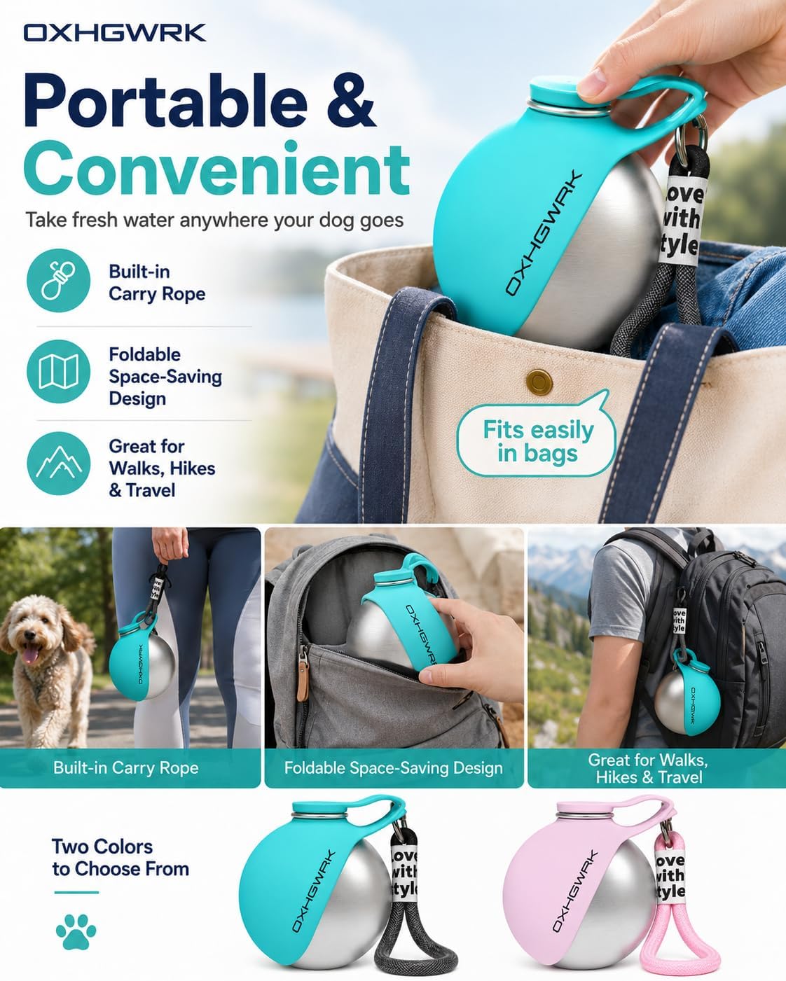 2 Pack Portable Dog Water Bottle with Bowl, 2 in 1 10oz Stainless Steel Travel Water Bottle for Dogs, Foldable Silicone Bowl, Leak-Proof Water Dispenser for Walking Hiking