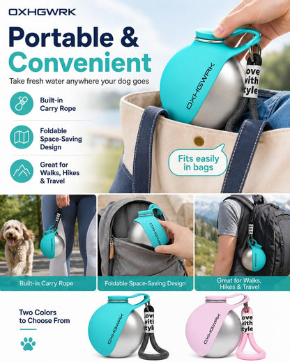 2 Pack Portable Dog Water Bottle with Bowl, 2 in 1 10oz Stainless Steel Travel Water Bottle for Dogs, Foldable Silicone Bowl, Leak-Proof Water Dispenser for Walking Hiking