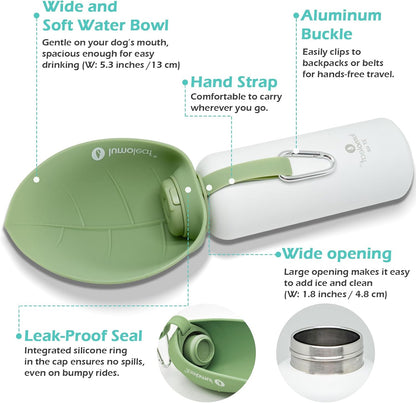 LumoLeaf Insulated Dog Water Bottle 27 oz Stainless Steel - Keep Water Cool or Warm, Portable Pet Water Bowl for Travel, Wide Mouth for Easy Ice Filling & Cleaning (Green, 27 oz)