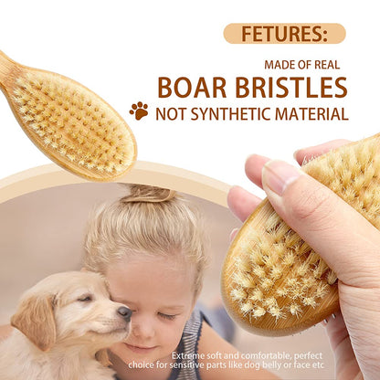 Dog Brush Cat Brush, Vokiuler Double Sided Bristle and Pin Pet Brush for Dog Grooming, Real Boar Bristle Shedding Brush with Bamboo Handle for Long Short Hair, 2 Pack Dog Comb, White