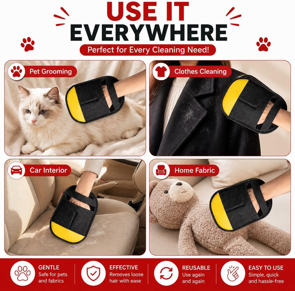 Pet Hair Removal Gloves for Dogs Cats, Reusable Fur Remover Glove, 2 Pack