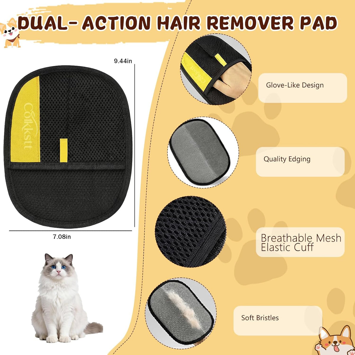 5Pcs Pet Hair Remover Glove Kit for Dogs & Cats - 2 Pack Grooming Gloves & Rubber Brush & Comb - Reusable Pet Hair Remover for Laundry for Furniture Carpet Car Interior Couch Bedding Auto Detailing