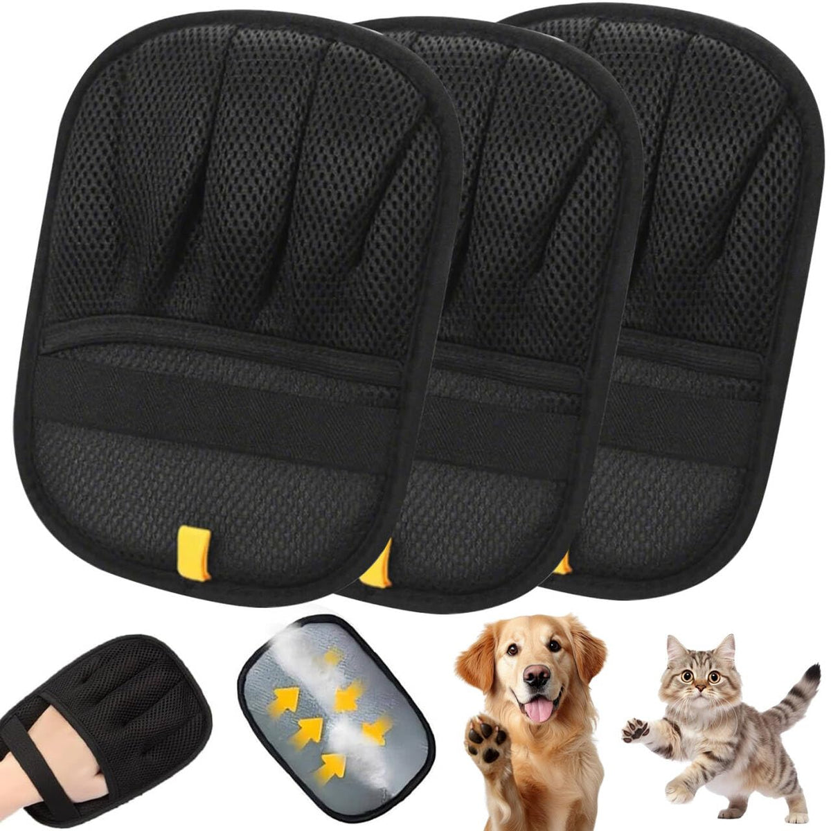 Electrostatic Pet Hair Removal Gloves for Cats & Dogs–Upgraded Reusable Magic Brush Tool for Quick Wiping on Couch,Carpet,Laundry,Car Seat & Pet Beds(3PC,Yellow)